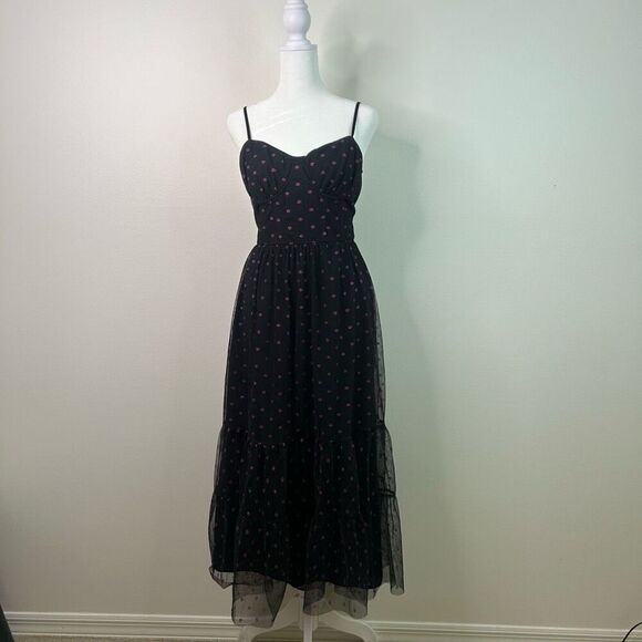 Betsey Johnson Vintage Black Mesh Midi Dress Pink Lip Fairy Goth Y2K Size 8 - Picture 1 of 14